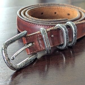 Western Silver Buckle Leather Belt Women's M